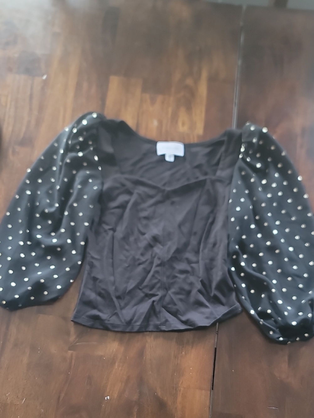 Black Puff-Sleeve Polka Dot Blouse